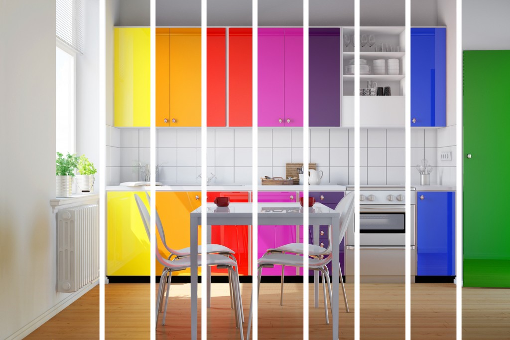 Colorful kitchen in rainbow stripes as color selection for inter