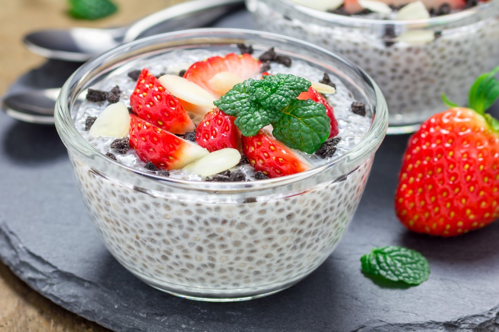 Chia Seed Pudding With Strawberries, Almond And Chocolate Cookie